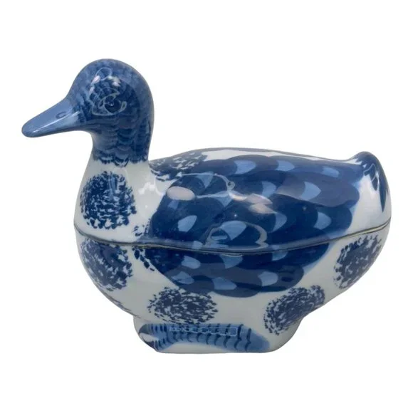 Ceramic Hand Painted Vintage 1960's Duck Shaped Trinket Box Blue & White - Picture 10 of 11